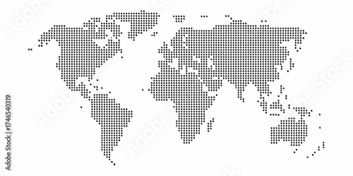 Abstract world map composed of black dots on a white background