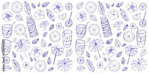 Whimsical hand drawn summer pattern with citrus slices drinks flowers and umbrellas
