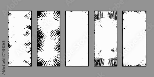 Set of five abstract vertical grunge textured background panels with black and white distressed patterns