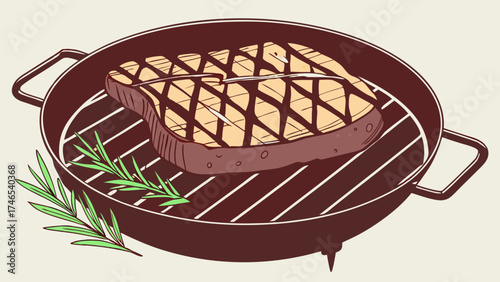 Grilled steak on a pan with rosemary illustration food design menu recipe restaurant BBQ cooking kitchen meat delicious gourmet healthy eating.