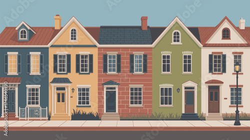 Row of colorful houses with varying architectural styles and a vintage street light on a sidewalk scene