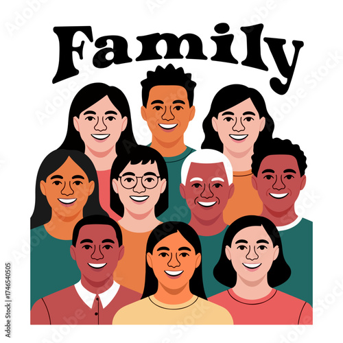 Happy Family Drawing Vector Illustration — Diverse Group of People Smiling Together, Multiethnic Family Portrait Isolated on White Background, Concept of Unity, Love, and Togetherness