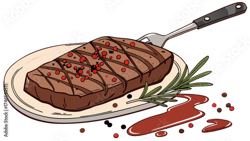 Grilled Steak on Plate with Sauce and Rosemary Garnish.