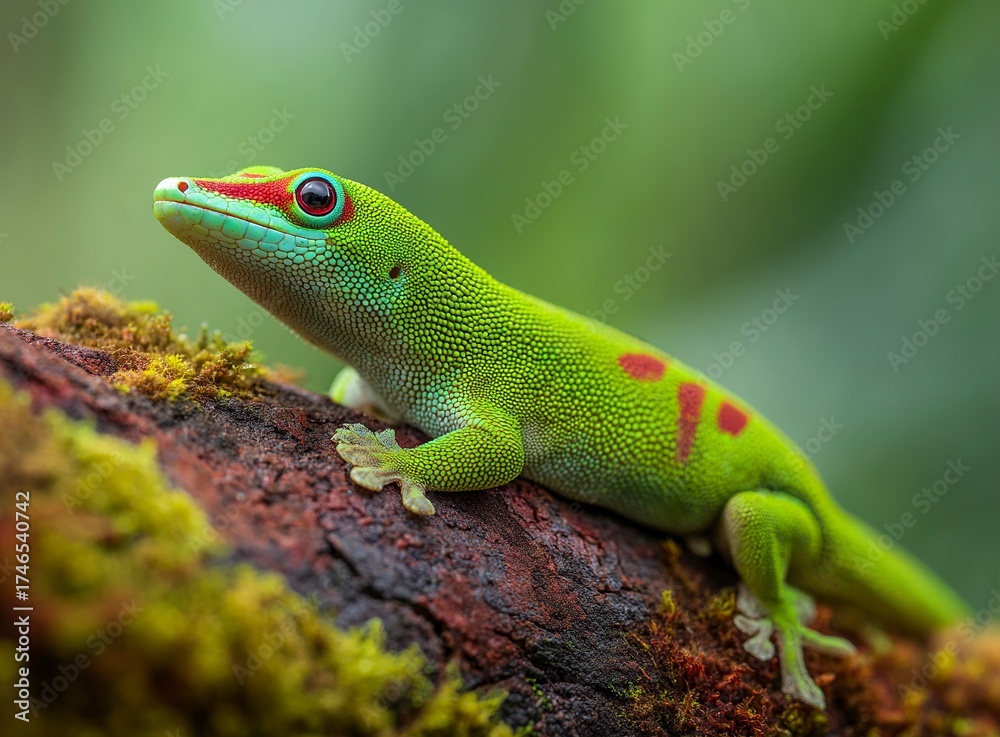 Fototapeta premium Vibrant green gecko with striking red stripes, a stunning wildlife portrait capturing nature's beauty and exotic charm, perfect for nature enthusiasts