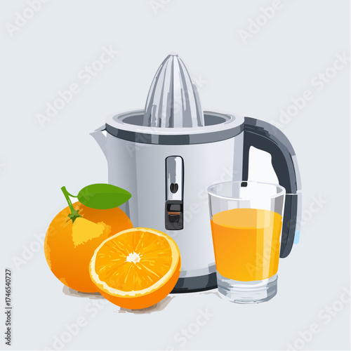Freshly squeezed orange juice with juicer and fruit illustration