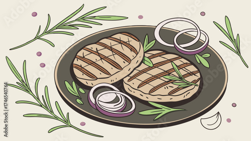 Grilled Steak with Rosemary and Onion Rings Illustration.