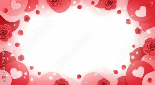 Elegant Valentine's Day frame with beautiful red roses and soft pink hearts, a romantic background for invitations or greeting cards