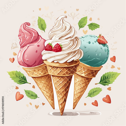 Illustration of colorful ice cream cones with various flavors and toppings