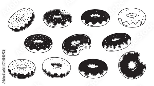 Collection of delicious hand drawn donuts with chocolate glaze and sprinkles for sweet treats design vector