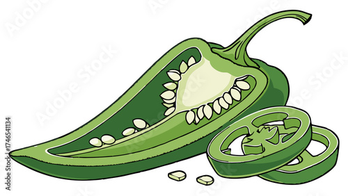 Halved green chili pepper with slices and seeds illustration vector food spice ingredient cooking.
