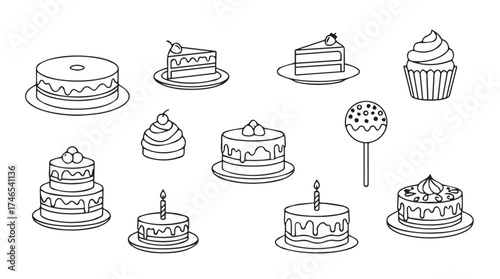 Hand drawn sketch style delicious cakes and cupcakes collection for celebrations and desserts vector