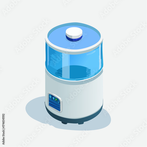 Isometric illustration of a modern water purifier with blue and white colors