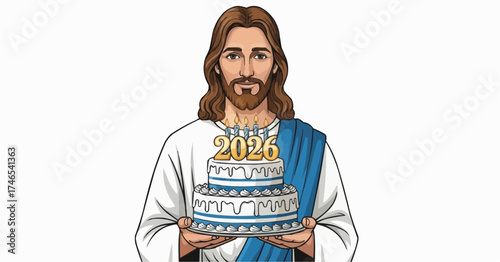Jesus brings a 2026 birthday cake with candles for your celebration, a religious icon