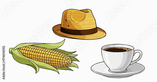 Relaxing summer vibes: Straw hat, fresh corn and cup of coffee create a peaceful scene