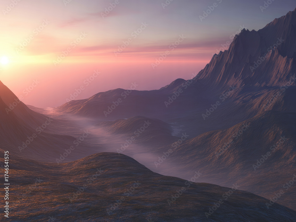 Obraz premium Majestic mountain landscape at sunrise, misty valley with glowing sunlight, peaceful nature scenery, beautiful sky with warm golden tones, dreamy travel background, wilderness adventure inspiration