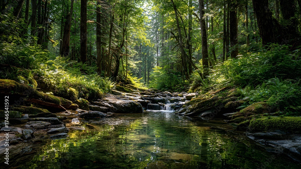Fototapeta premium Deep forest stream cascade flows over mossy stones amid towering ancient trees and vibrant ferns