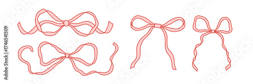 Set of hand drawn ribbon bows in coquette style. Cute feminine decorative elements for digital design, scrapbooking, planners, invitations, packaging, and social media. Isolated on white vector art