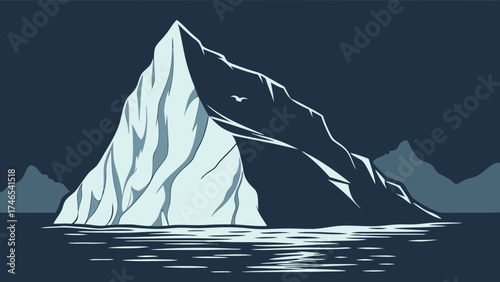 Iceberg in the ocean stylized illustration arctic landscape cold climate minimalist design blue tones bird silhouette nature scene graphic art vector illustration winter imagery abstra.