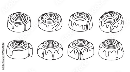 Delicious cinnamon rolls collection sweet pastry baked goods hand drawn sketch line art vector