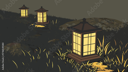 Illuminated Garden Lanterns at Night Serene Asian-Inspired Landscape Illustration.