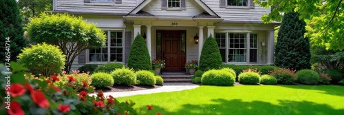 Stunning curb appeal achieved with lush greenery, vibrant flowers, and a meticulously manicured lawn Creates a welcoming and inviting atmosphere for any home , plants, home, green