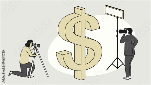 Illustration of photographers shooting a large dollar sign symbol in a studio setting.