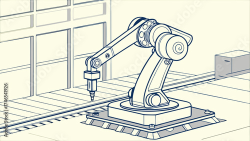 Industrial robotic arm automated manufacturing process factory automation robotic technology line production mechanical engineering blueprint style illustration technical drawing robotic.