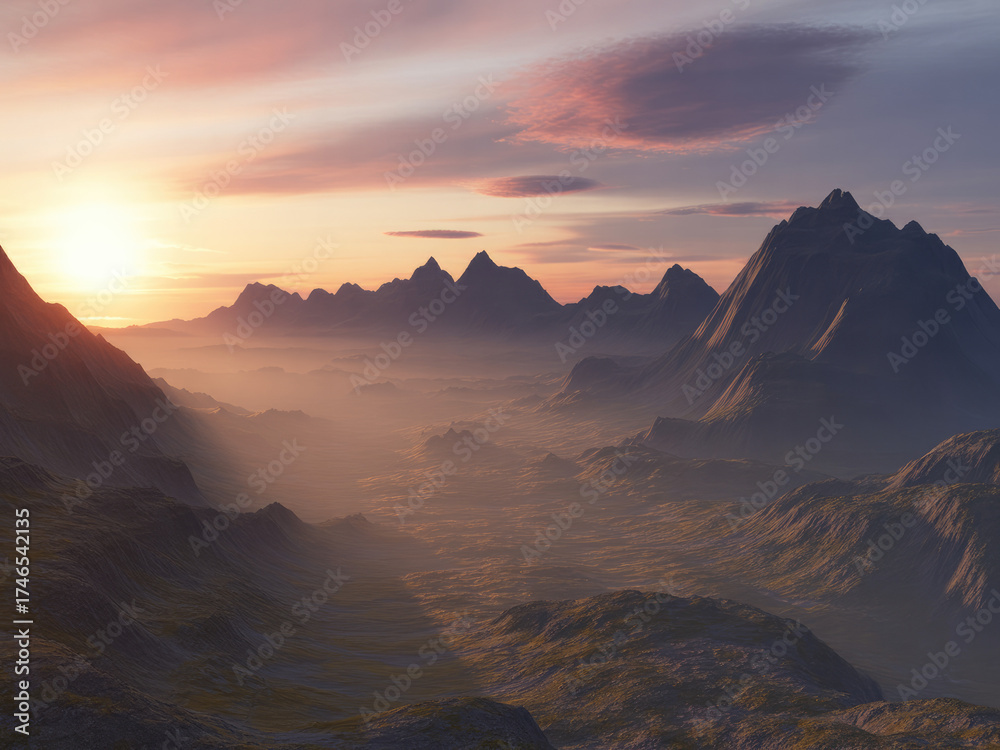 Naklejka premium Majestic mountain landscape at sunrise, misty valley with glowing sunlight, peaceful nature scenery, beautiful sky with warm golden tones, dreamy travel background, wilderness adventure inspiration