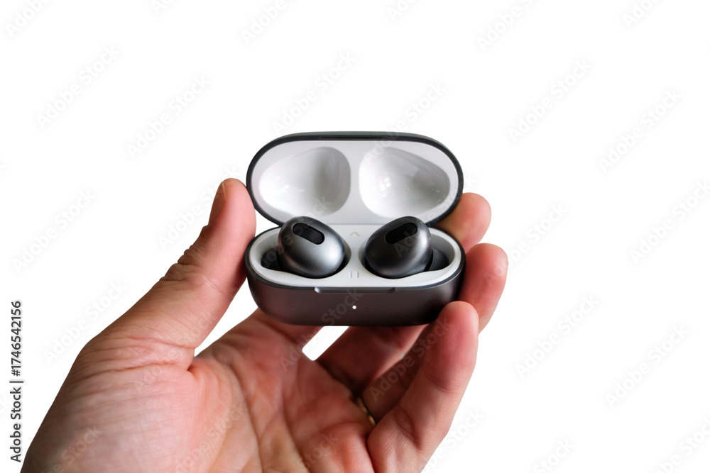 Fototapeta premium Wireless earbud in open case held by hand. Isolated on transparent background, png