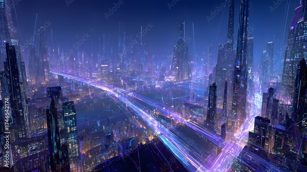 Obraz premium Big data real-time streaming dances like silver lightning through neon cityscapes and focused engineers.