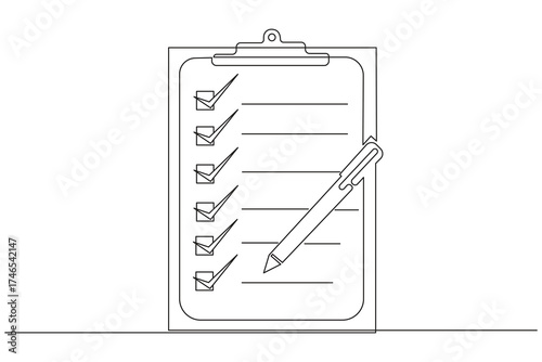 
Continuous single line art Checklist on clipboard with pen for task management and organization.
