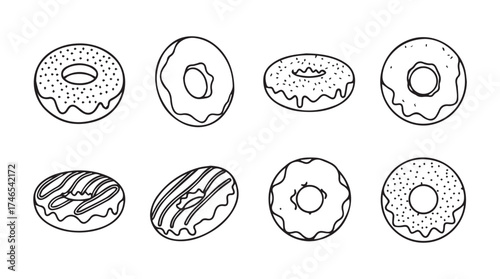 Hand drawn doughnut collection sketchy style sweet pastry treats dessert food vector