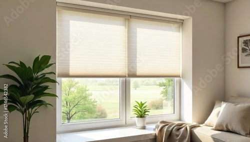 Stylish modern window blinds installed in a bright, sunlit room, offering privacy and light control The clean lines and neutral color create a serene atmosphere , faux wood blinds, building
