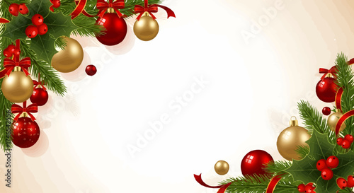 Festive Christmas Ornament and Pine Branches Border on Cream Background Holiday Season Decor