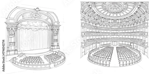 Classic theater interior sketch, detailed opera house drawing, vintage auditorium stage, grand architectural view, balcony seating, dome ceiling art