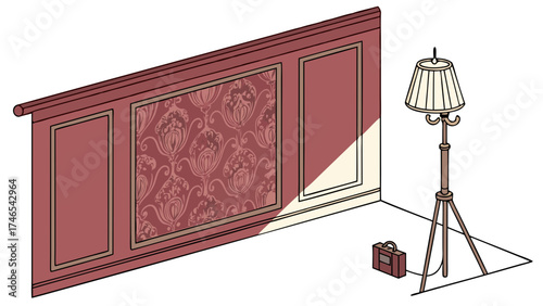 Isometric illustration of a room interior with patterned wallpaper floor lamp and radio.