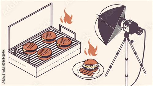 Isometric Illustration of Burgers Grilling and Food Photography Setup with Studio Lighting.