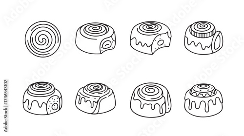 Hand drawn cinnamon roll collection fresh baked pastry icons for sweet treats and baking vector
