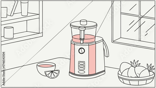 Kitchen appliance illustration juicer smoothie maker healthy lifestyle pink modern design kitchenware home decor food preparation breakfast drink recipe fruit vegetable vector illu.