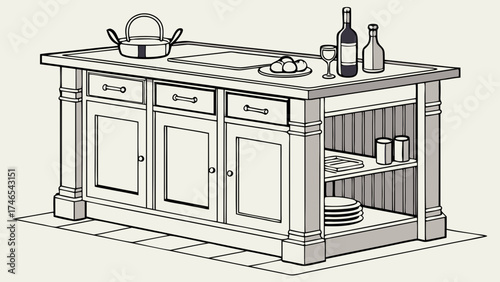 Kitchen Island Design Classic Style Drawers Cabinets Storage Countertop Cooking Dining Illustration Home Interior Furniture Architectural Design Plan Blueprint.