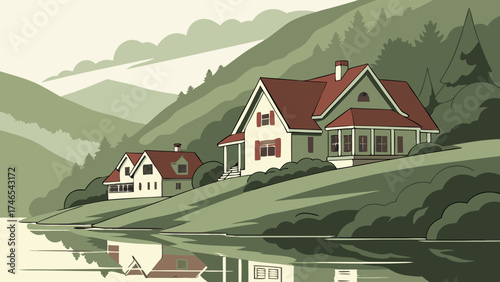 Lakeside Houses in Mountain Landscape Calm Nature Scene Green Hills Cozy Homes Illustration.