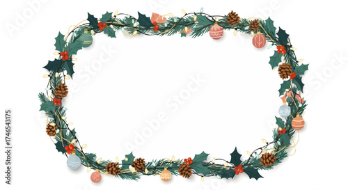 Festive Oval Christmas Wreath with Holly Berries Pinecones and Fairy Lights