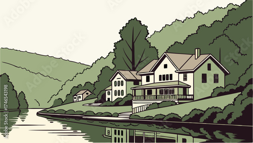 Lakeside Houses Green Landscape River Nature Illustration Calm Scene Peaceful Suburban Homes Artistic Style Vector Art Tranquil Setting Water Reflection Home Design Architectural Illu.