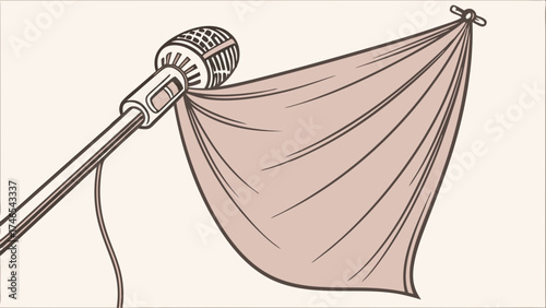 Microphone with draped fabric music performance singing announcement concert audio sound broadcasting studio illustration vector graphic design element backdrop curtain stage eve.