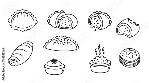Collection of diverse hand-drawn dumplings and savory pastries featuring various folds and fillings vector