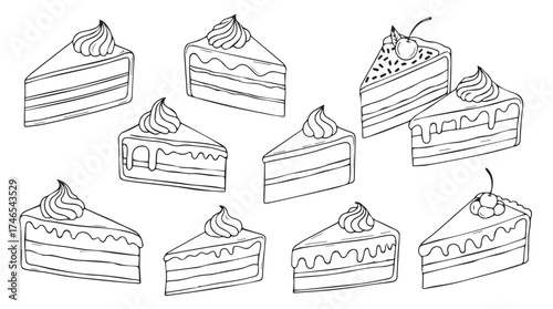 Assortment of delicious cake slices hand drawn sketch style for sweet treats and desserts vector
