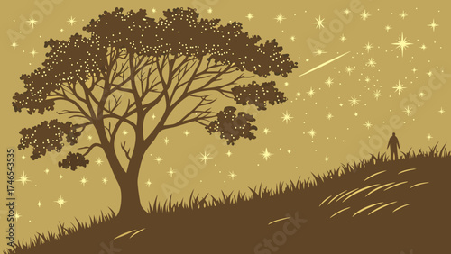 Night sky silhouette tree person gazing at stars grass peaceful nature scene vector illustration artwork graphic design dreamy landscape night time starlit calm serene tranquility s.
