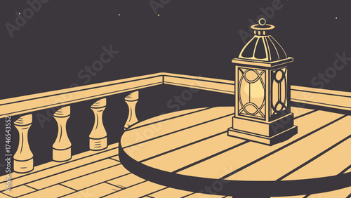 Nighttime balcony scene with illuminated lantern on wooden table.