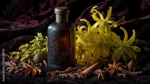 Ylang Ylang Perfume Bottle, Star Anise, and Yellow Flowers