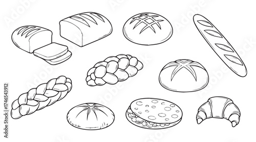 Collection of assorted baked goods and bread types hand drawn sketch style for culinary design vector